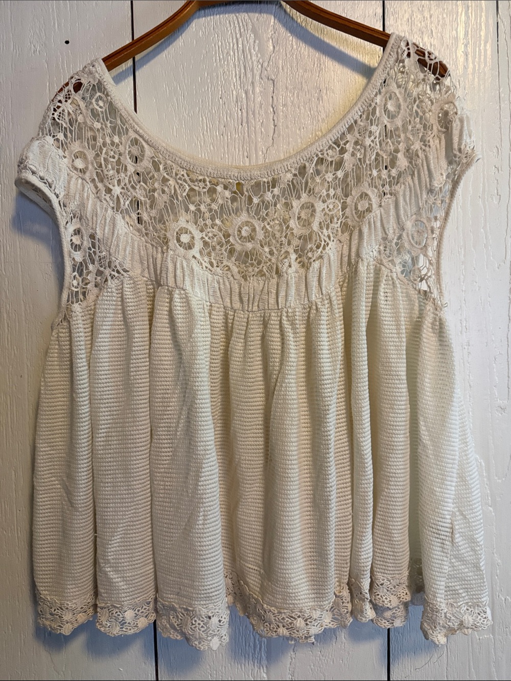 Free People Cream Lace Yoke Peasant Blouse